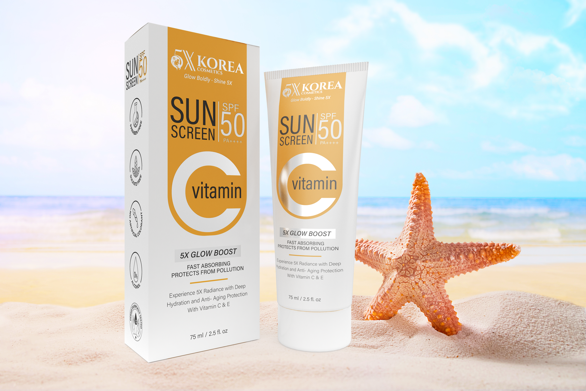 Daily sun protection meets skincare — 5X Korea SPF 50 Sunscreen with Vitamin C & E protects against harmful UV rays while brightening and nourishing your skin.