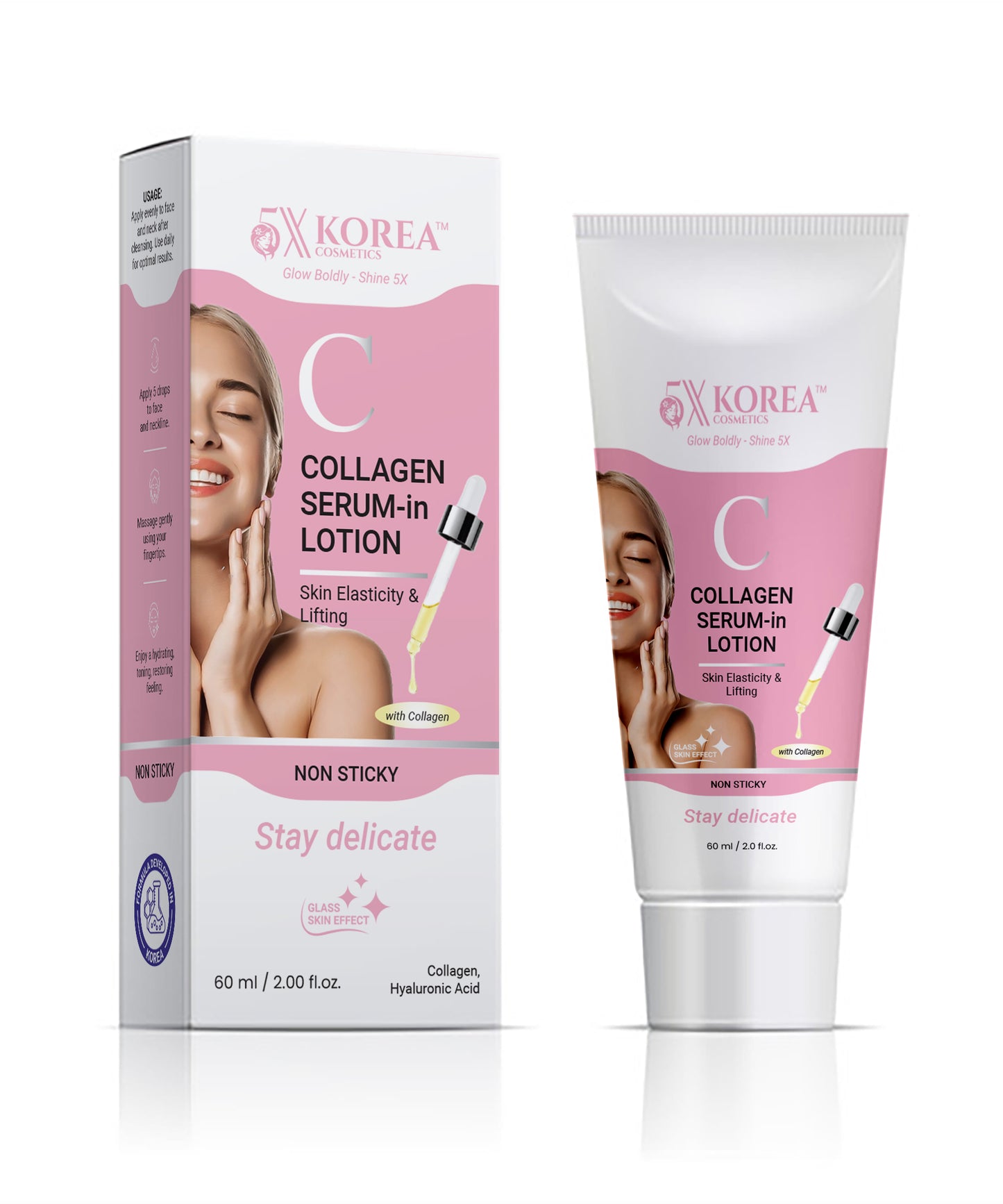 5X Korea Collagen Serum in Lotion for skin elasticity and lifting, hydrating anti-aging face lotion with collagen and hyaluronic acid, non-sticky formula