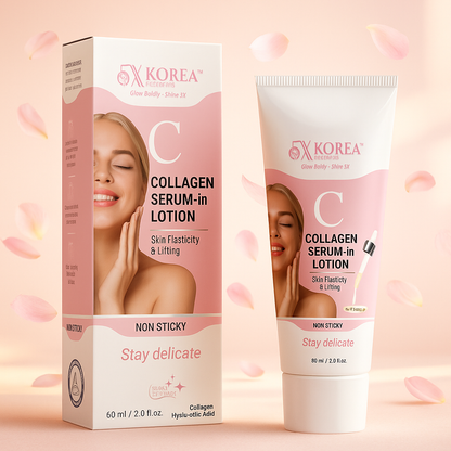 5X Korea Collagen Serum in Lotion for skin elasticity and lifting, hydrating anti-aging face lotion with collagen and hyaluronic acid, non-sticky formula