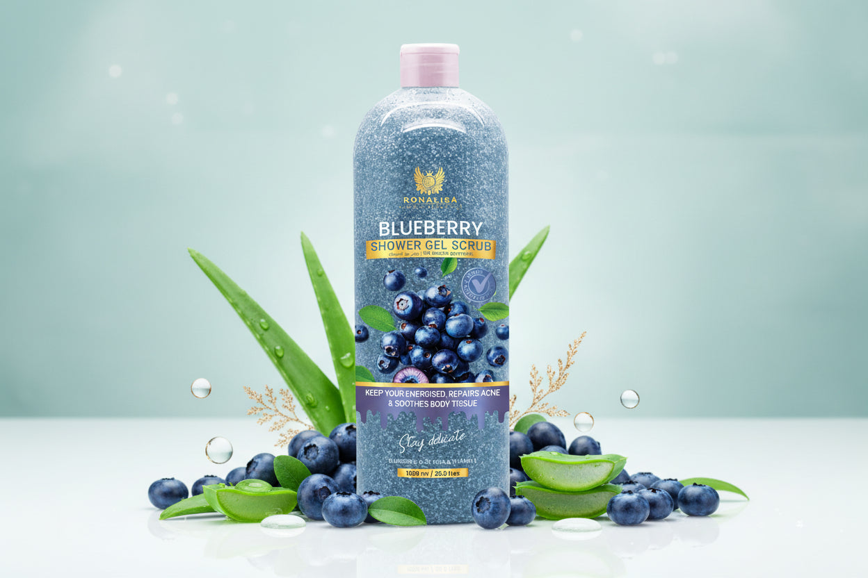 Blueberry shower gel scrub bottle with Aloe, Panthenol & Vitamin E