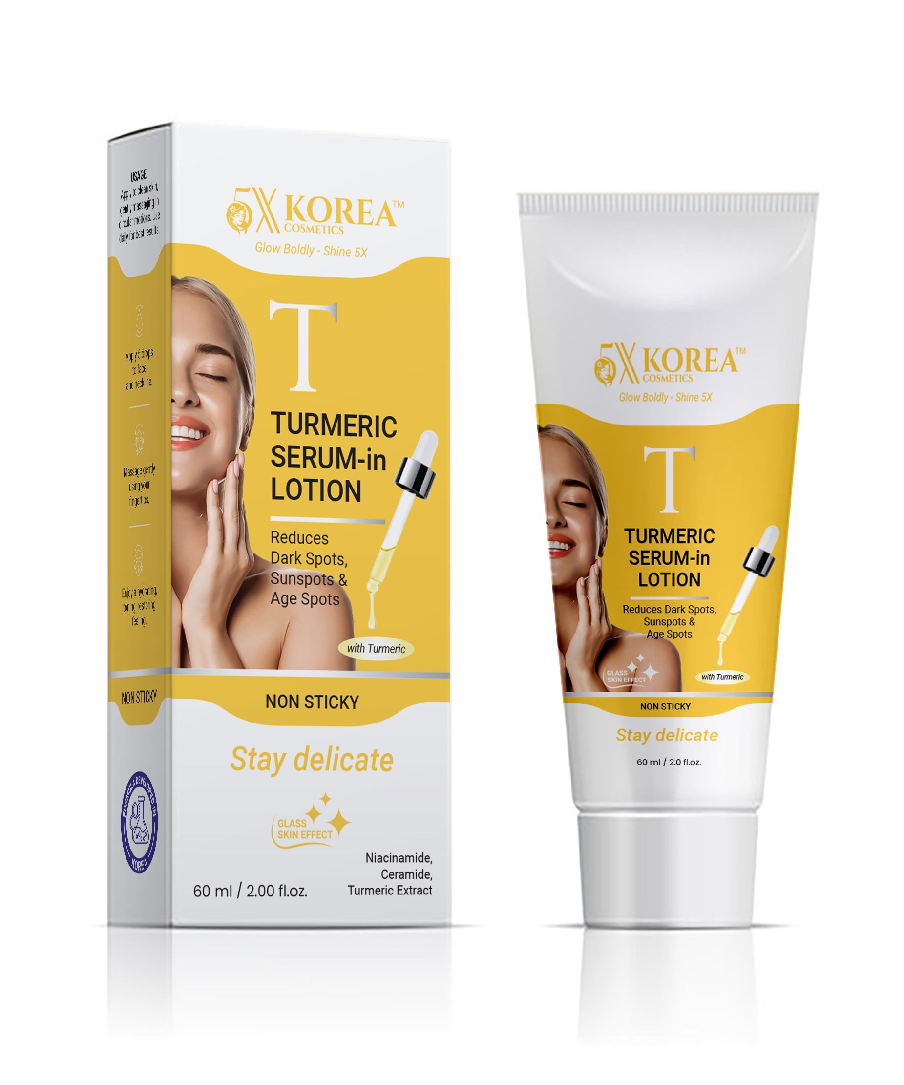 Reveal brighter, clearer skin with 5X Korea Turmeric Serum in Lotion — a powerful blend designed to reduce dark spots, calm skin, and restore natural glow.
