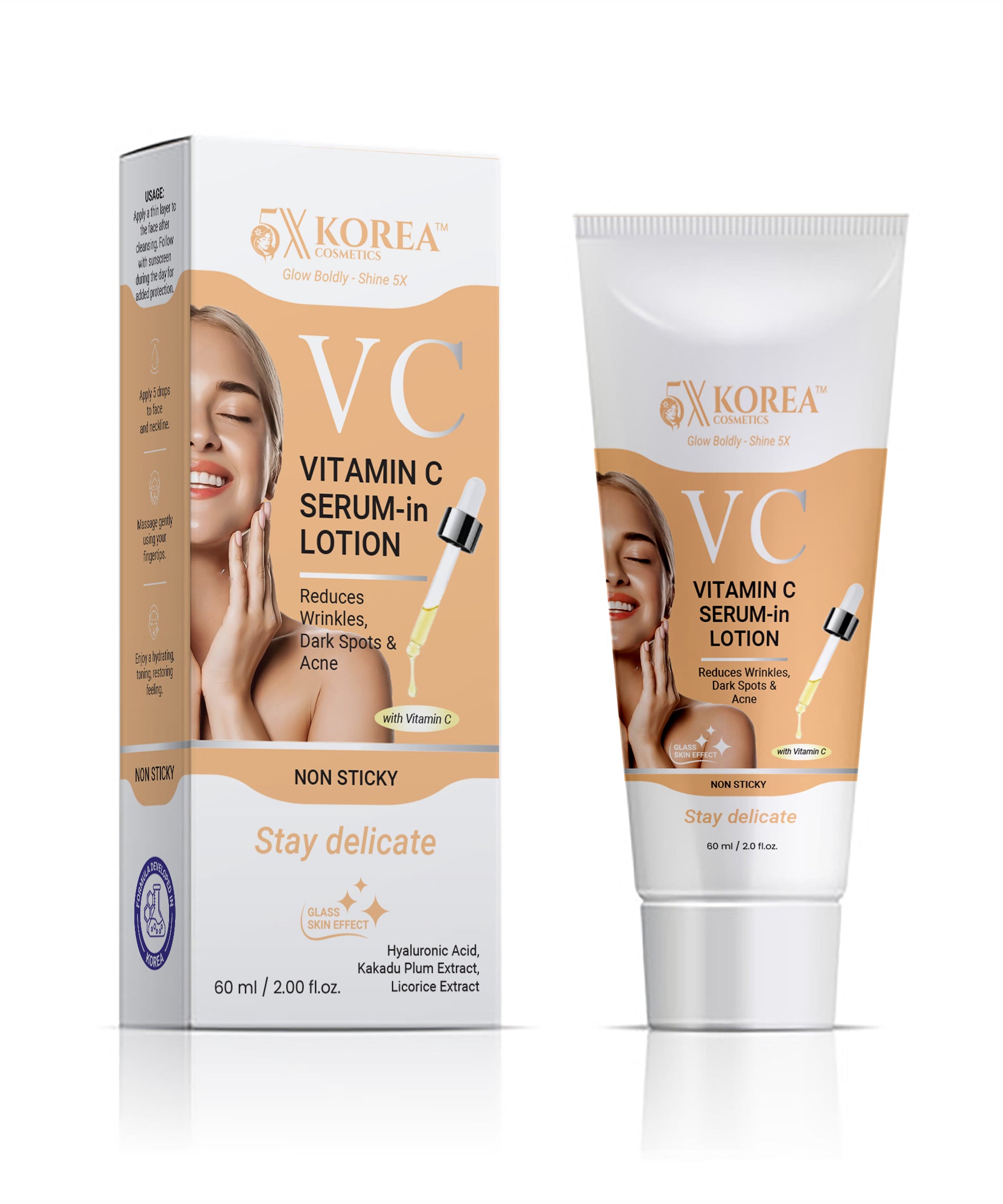 Clear, brighten, and rejuvenate your skin with 5X Korea VC Vitamin C Serum in Lotion — a multi-action formula designed to target acne, wrinkles, and dark spots for a smooth, radiant complexion