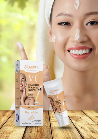 Clear, brighten, and rejuvenate your skin with 5X Korea VC Vitamin C Serum in Lotion — a multi-action formula designed to target acne, wrinkles, and dark spots for a smooth, radiant complexion