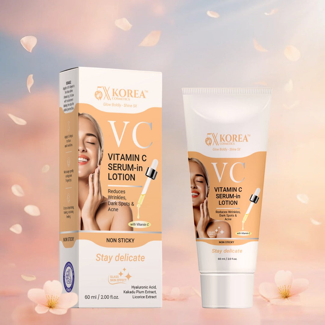 Clear, brighten, and rejuvenate your skin with 5X Korea VC Vitamin C Serum in Lotion — a multi-action formula designed to target acne, wrinkles, and dark spots for a smooth, radiant complexion