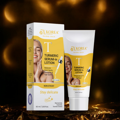 Reveal brighter, clearer skin with 5X Korea Turmeric Serum in Lotion — a powerful blend designed to reduce dark spots, calm skin, and restore natural glow.